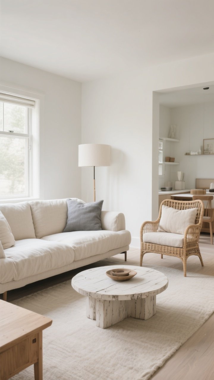 Wide shot of a cozy, livable seating area: a sink-in slipcovered sofa in sand/ivory/fog gray, paired with a rattan or cane accent chair with a linen cushion; a rounded-edge coffee table in weathered or whitewashed wood, light oak/ash tones on other pieces; furniture floated off the walls to maintain open pathways; matte finishes, no high-shine, and calm, even daylight.