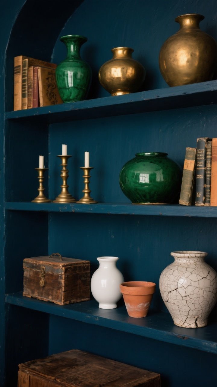 Wide shot of a moody shelving wall showcasing bold color and patina: deep ink blue or charcoal painted shelf backing making antiques glow. Choose a hero hue—emerald—echoed through select ceramic vases and book spines. Mix finishes in clusters: polished brass candlesticks grouped with a weathered wood box, glossy white porcelain beside chalky terracotta pots, and a crackled-glaze urn. Warm, low-key lighting to enhance patina and saturated color; composition highlights intentional repetition of brass in three varied shapes to feel curated.