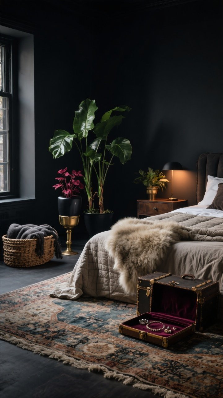 Wide shot of finishing touches softening a dark room: a layered Persian or distressed rug under the bed with a faux fur sheepskin draped on one side; moody plants such as a rubber plant and burgundy oxalis in matte black and antique brass planters nestled in a shadowy corner; a folded quilt at the foot of the bed, a neatly draped heated throw, and linen sheets slightly visible; woven baskets for throws and a vintage trunk for storage; a velvet-lined tray for jewelry on a nightstand. Ambient warm lighting with cozy shadows; embrace negative space in a few corners. Photorealistic, no people.