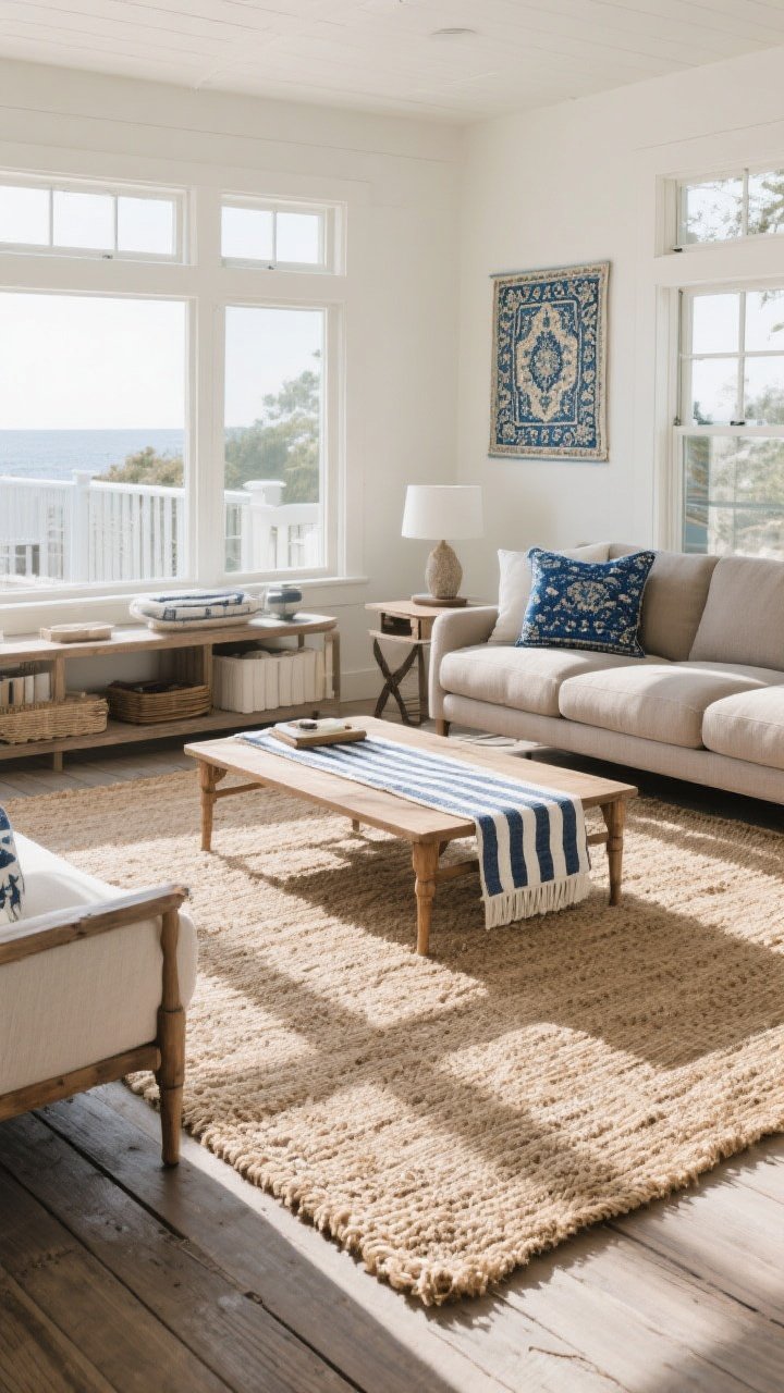 Wide shot: Rug-focused living room—large natural jute rug grounding the seating with all front legs placed on it; layered on top, a vintage-style blue Persian accent rug adding depth; if sofa is solid, introduce a coastal striped runner under the coffee table; bright daytime light, boardwalk-inspired texture and durability showcased from a slightly elevated corner angle.