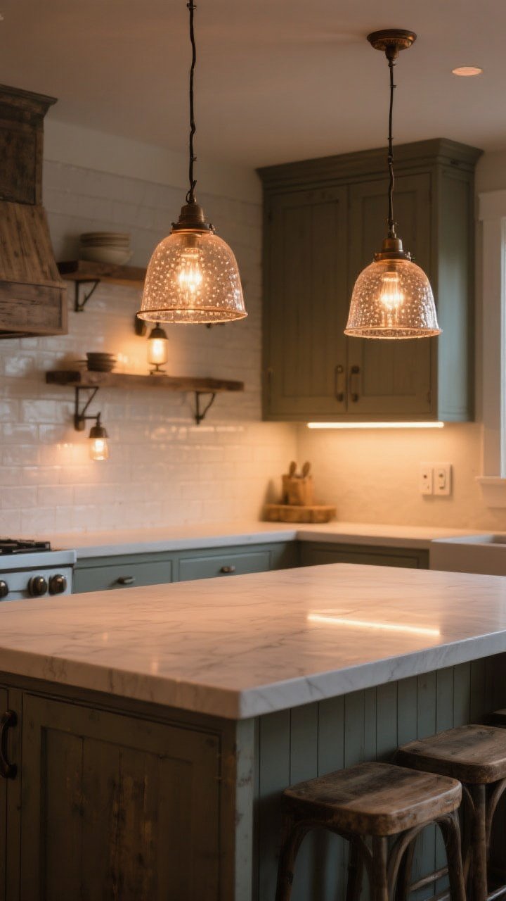 Wide shot showcasing layered, cozy lighting: farmhouse kitchen island with two warm-metal pendants (seeded glass shades) overhead, under-cabinet LED strips casting a soft 2700–3000K glow on the backsplash, small accent sconces above open shelves; dimmers suggested by visible control panel, evening ambiance with warm illumination balancing task and mood lighting, shaker cabinetry and rustic textures visible but secondary; straight-on composition, photorealistic.