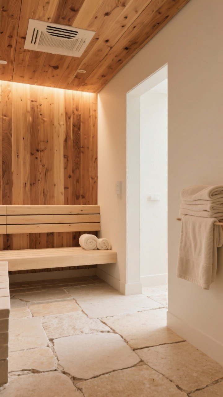 Wide shot, steam-room vibe: Ceiling and one feature wall clad in warm-toned cedar boards, floors in tumbled limestone with softened edges and a creamy, sand-beige tone. Neutral, breathable grout lines. Gentle, warm ambient lighting with proper ventilation details implied (discreet vent). Creamy painted adjacent walls and folded linen towels in soft neutrals. Calm, spa-worthy atmosphere, photorealistic.