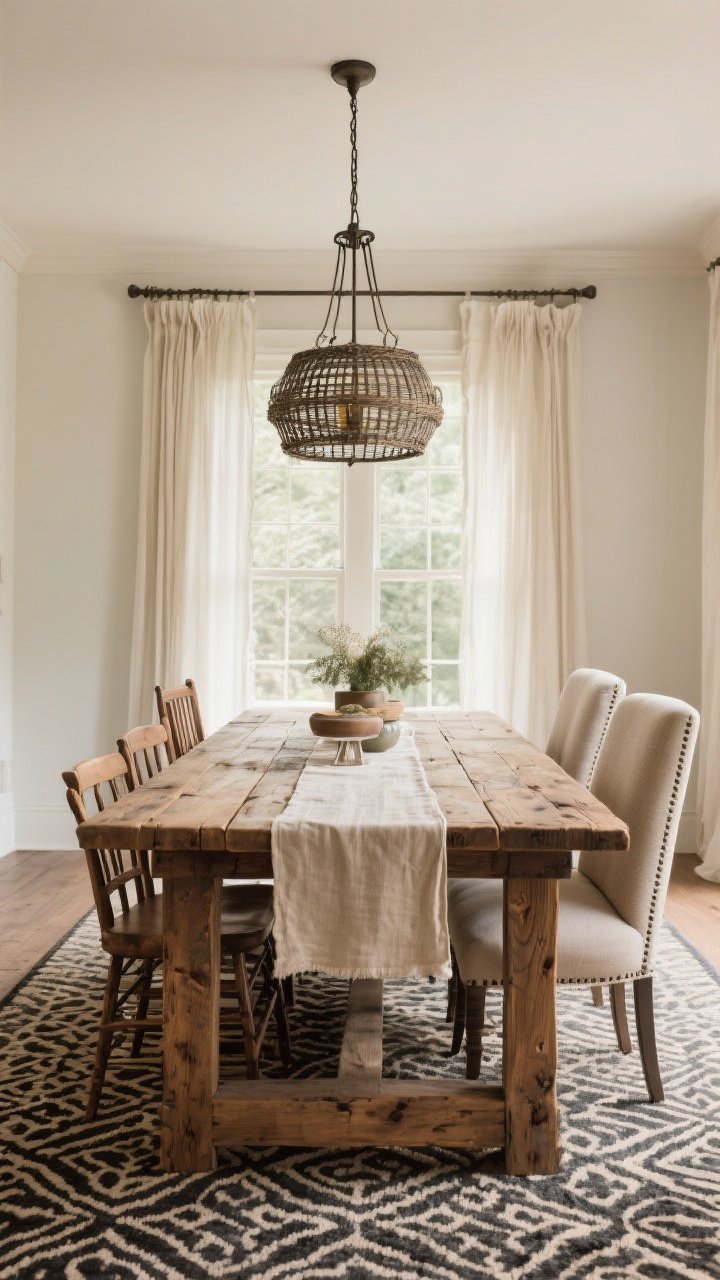 Wide shot, straight-on view: A classic rustic oak farmhouse dining table with a thick plank-style top and slightly distressed finish, visible wood grain and patina showcased with a simple natural linen runner instead of a tablecloth. Mixed seating with wood side chairs and two upholstered host chairs at the ends. Overhead, a large metal or woven chandelier adds texture and draws the eye down to the table. Room includes airy curtains and a bold patterned rug for balance. Warm, natural daylight; photorealistic, inviting, unfussy and timeless.