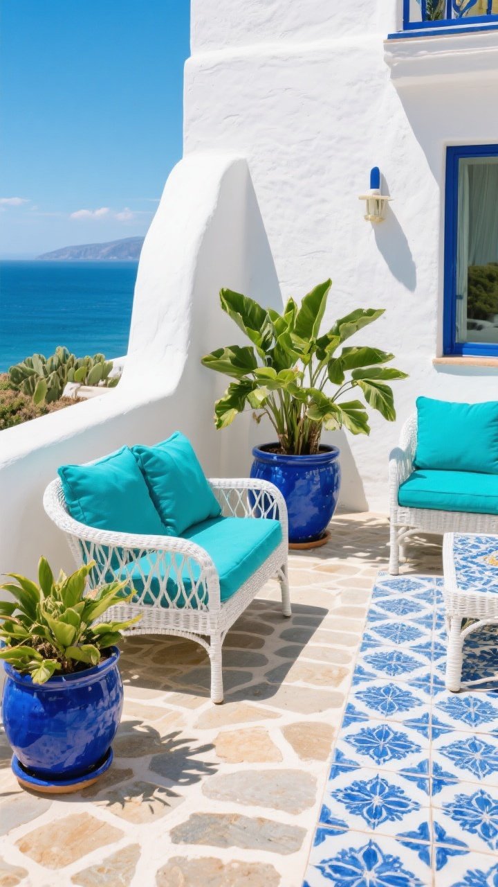 Wide shot, sun-drenched patio: white stucco backdrop, cobalt blue ceramic planters with leafy green plants, turquoise seat cushions on white wicker seating; patterned Mediterranean-style blue-and-white tiles tying cobalt and turquoise together; natural light stone pavers anchoring the scene; bright midday sun, overhead-corner angle, vibrant Mediterranean coastal vibe.