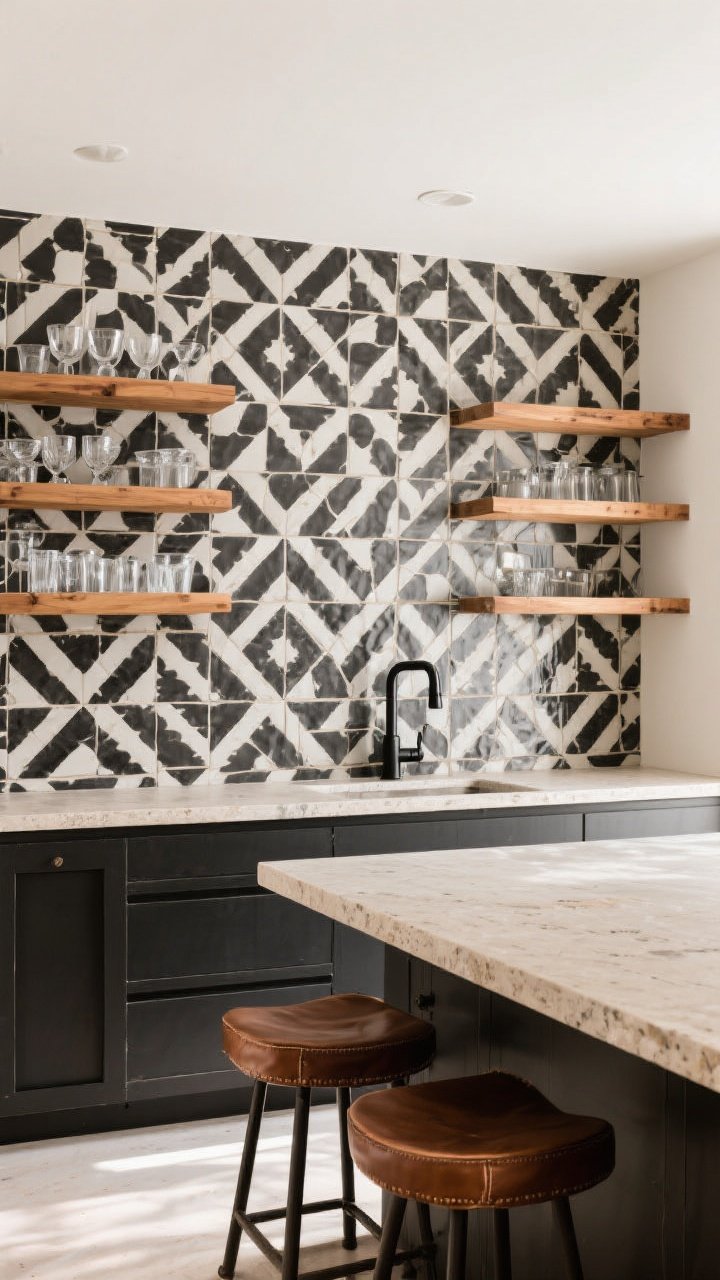 Wide straight-on kitchen scene with a high-contrast black-and-white Moroccan geometric tile backsplash in a medium-scale pattern; open wood shelving breaks up the pattern and displays glassware; natural oak tones in shelves and leather stools to warm the monochrome; neutral stone counters and matte black faucet; bright, even daylight for crisp lines and strong graphic punch.
