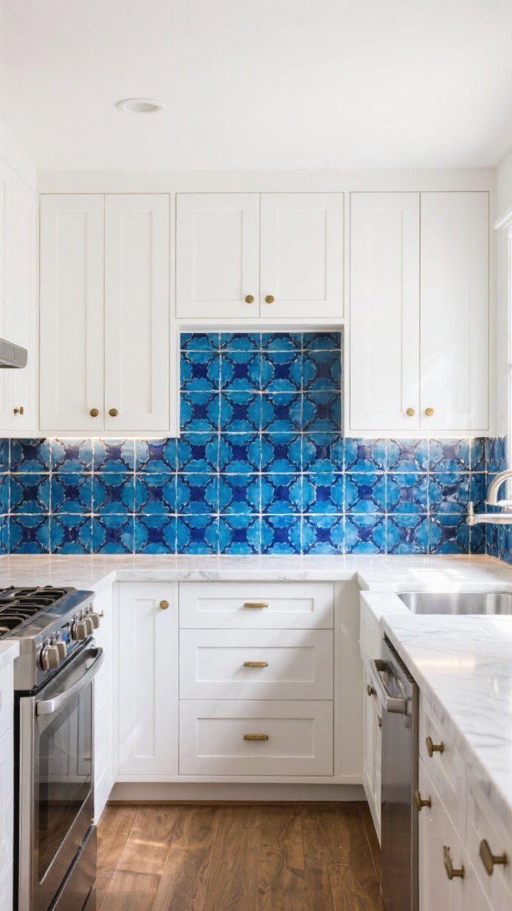 Wide straight-on kitchen shot showcasing a bold blue Fez-inspired patterned tile backsplash in cobalt, indigo, and navy, repeated single pattern for cohesion; crisp white shaker cabinets, unlacquered brass hardware, and simple white quartz counters; sleek stainless appliances add modern contrast; bright natural daylight plus subtle under-cabinet lighting to make the blues pop; styling minimal so the tile is the statement.
