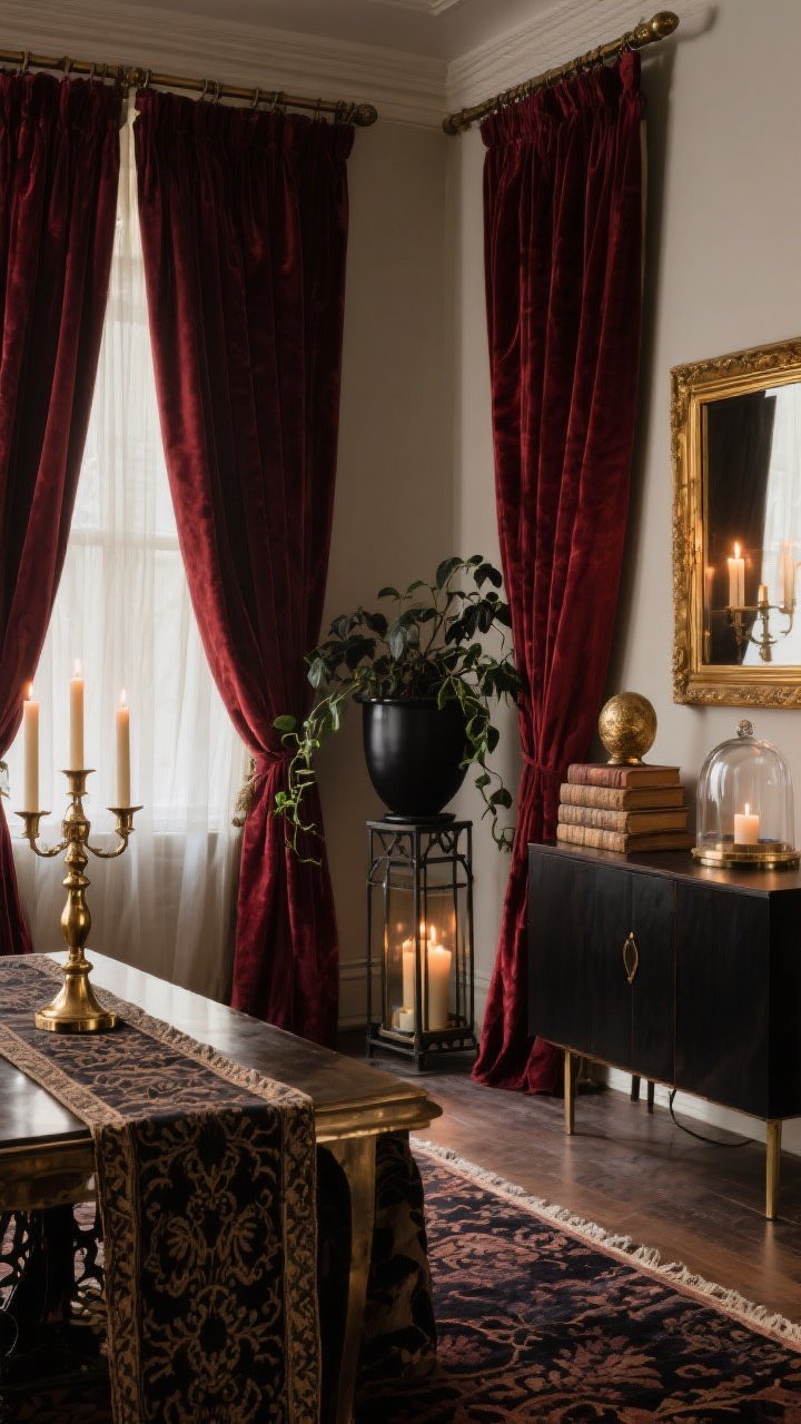 Wide, straight-on shot capturing the finishing touches: heavy velvet drapes in oxblood hung high and wide on double rods with sheer panels beneath; a dark patterned rug anchoring the table; a damask table runner adding subtle pattern; layered metals throughout—brass candlesticks, an iron lantern on the floor by a sideboard, and a gold-framed mirror reflecting candlelight; a small curiosity vignette on the sideboard with weathered books stacked horizontally under a brass object, a glass cloche, and a trailing dark pothos in a black pot; overall rich, moody atmosphere with warm highlights; photorealistic, no people.