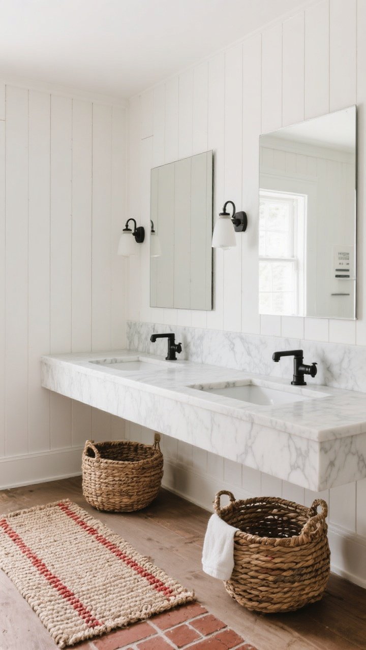 Wide straight-on vanity wall: Vertical shiplap painted soft white meets honed marble countertop in soft gray veining, paired with matte black fixtures that crisply outline the forms. Subtle, diffuse daylight plus gentle task sconces. Woven baskets under the vanity and a small flat-weave rug with brick red accents for warmth. Layered textures, polished yet farmhouse chic, photorealistic.