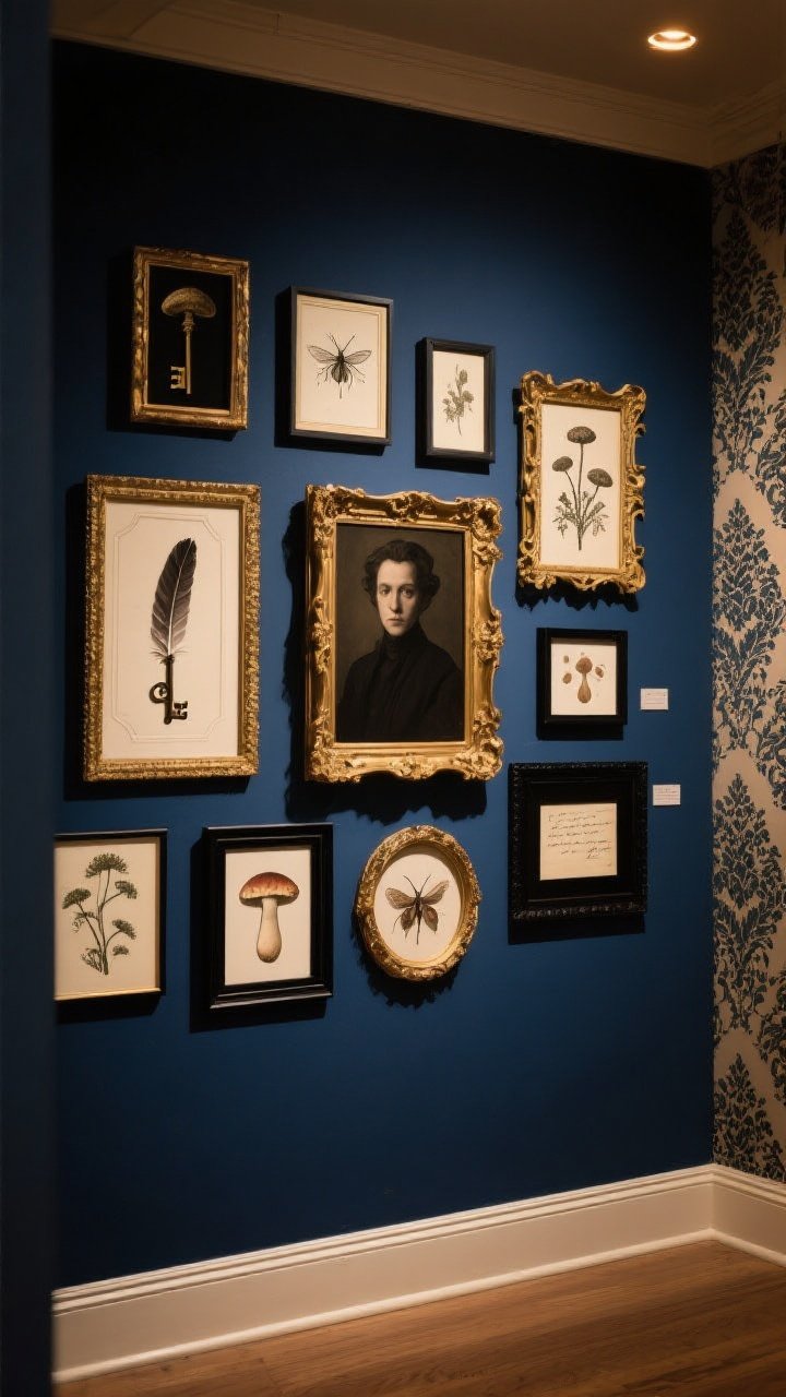 Wide, straight-on view of a gallery wall: matte midnight blue wall as backdrop with a mix of gilded baroque frames and simple black frames; anchor piece is a moody portrait centered, surrounded by botanical etchings of fungi, insects, and poisonous plants; oddities in refined shadow boxes—antique keys, a feather, and a handwritten letter—arranged asymmetrically but curated; subtle damask wallpaper panel visible on an adjacent section; warm, indirect lighting with soft falloff to accent gilt highlights and keep the scene elegant and dramatic.