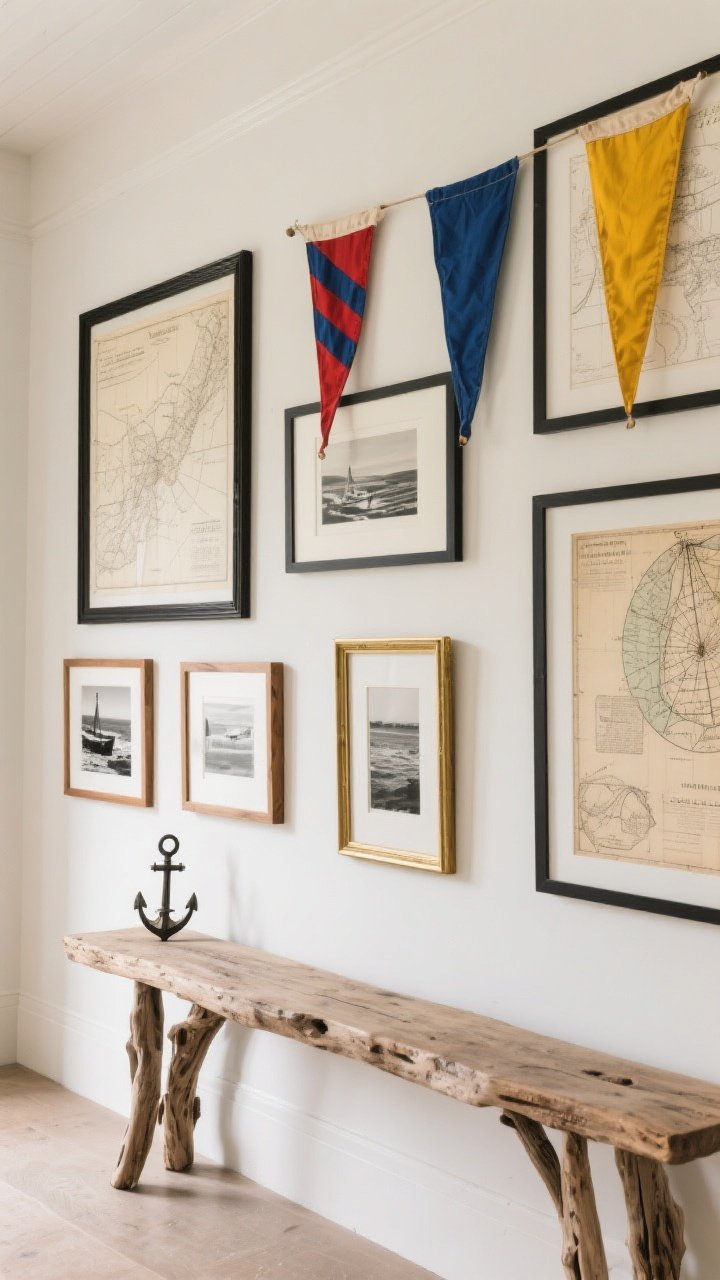 Wide wall shot of a curated gallery featuring vintage nautical charts and maps framed in black, oak, and brass, mixed with a few black-and-white coastal photographs and a small, tasteful anchor element for cohesion; a trio of framed signal flags adding cobalt blue, signal red, and sunny yellow pops; layout is structured and orderly over a neutral driftwood-toned console; soft even daylight for a refined, story-rich nautical mood.