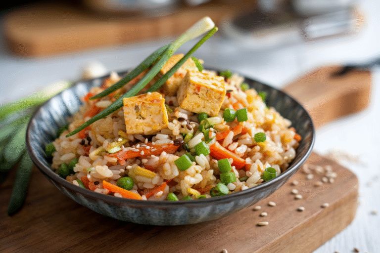 Simple Veggie Fried Rice with Tofu Scramble